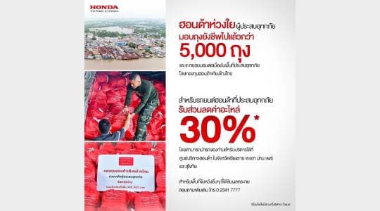 กองทุนฮอนด้าเคียงข้างไทย ภายใต้มูลนิธิฮอนด้าประเทศไทย ผนึกกำลังผู้แทนจำหน่ายรถยนต์และรถจักรยานยนต์ ส่งมอบถุงยังชีพช่วยเหลือผู้ประสบอุทกภัยในพื้นที่ภาคเหนือและภาคใต้ รวมมูลค่าความช่วยเหลือ กว่า 4.3 ล้านบาท พร้อมมอบสิทธิ์สำหรับรถที่ประสบอุทกภัย อาทิ ส่วนลดค่าอะไหล่ 30% หรือตรวจเช็กสภาพรถฟรี